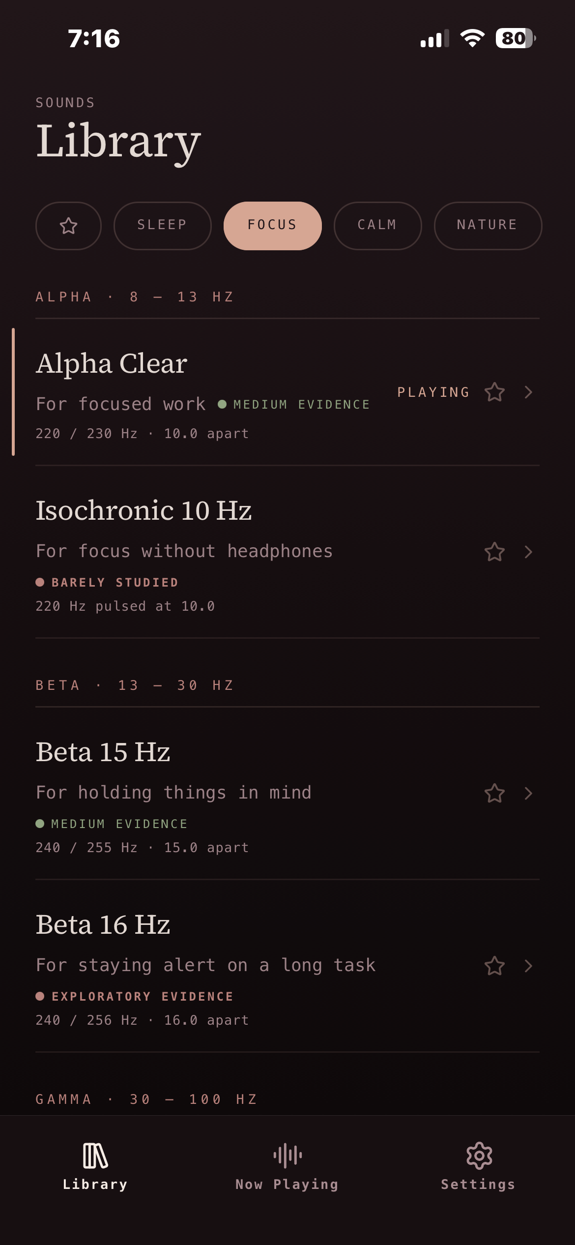 The Beatline library on the Focus filter, showing sounds grouped under band headings: ALPHA 8 to 13 hertz, then BETA 13 to 30. Each row states its frequencies and carries an evidence grade such as MEDIUM EVIDENCE or BARELY STUDIED.