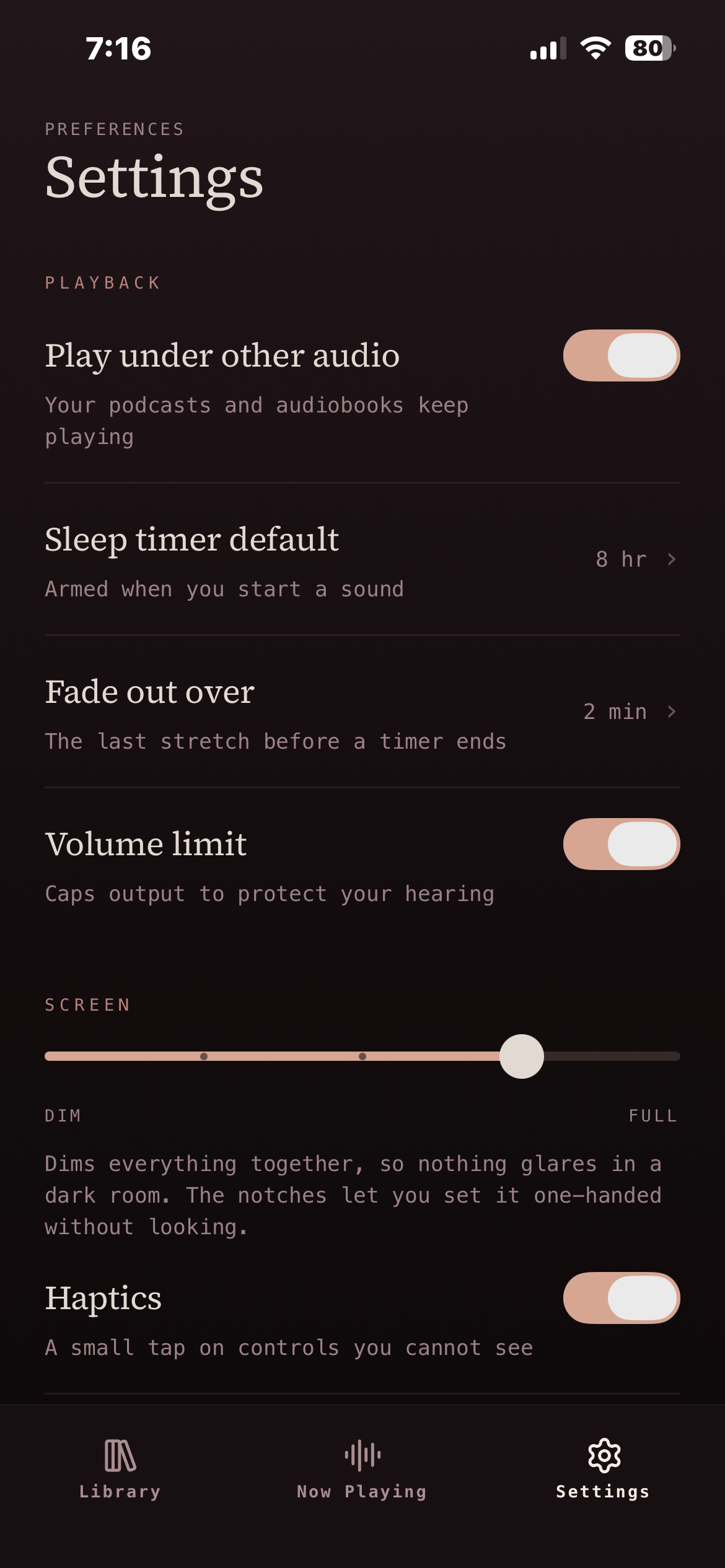 The Beatline settings screen, showing playing under other audio, a sleep timer default of 8 hours, a 2 minute fade, a volume limit switched on, and a brightness dial labelled DIM to FULL.